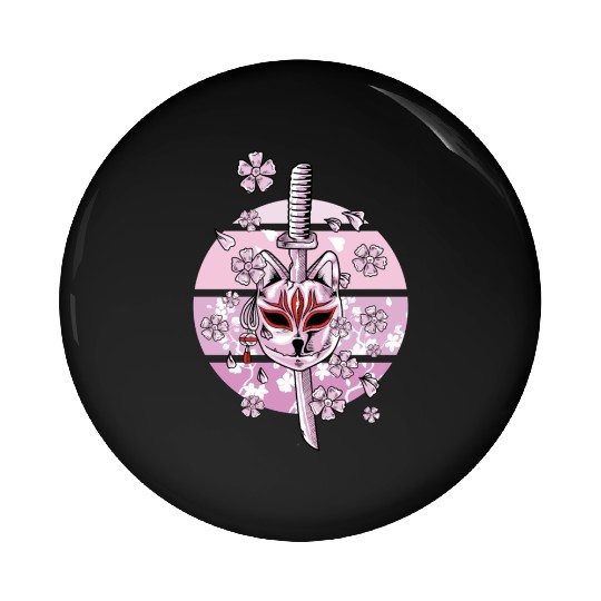 Kitsune Mask Japanese Nine Tailed Fox Cherry Pin Buttons