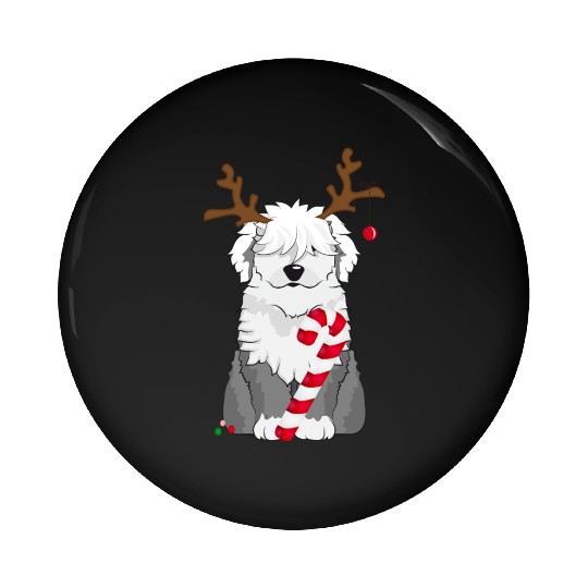 Bobtail dog with candy cane and reindeer antlers Pin Buttons