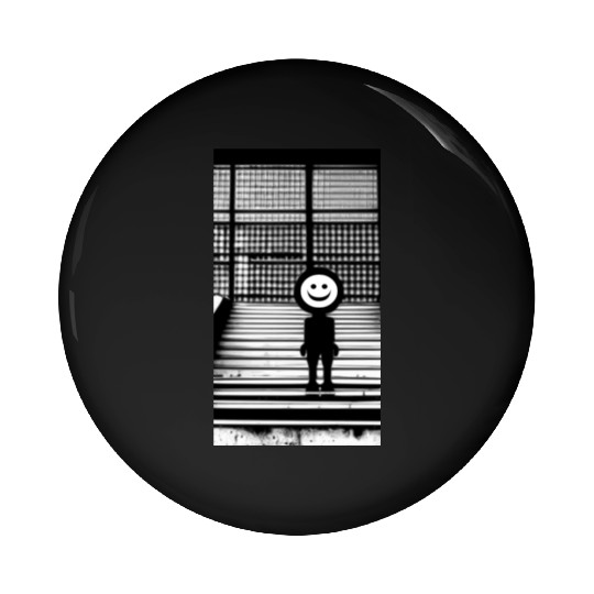 Smiley Face in Pin Buttons Standing on the Steps Street