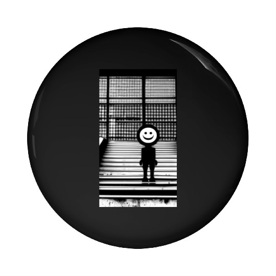 Smiley Face in Pin Buttons Standing on the Steps Street