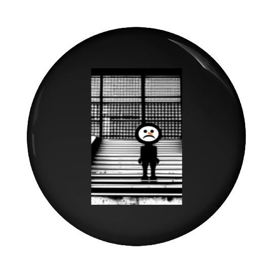 Sad Snowman in Pin Buttons Standing on the Steps Street