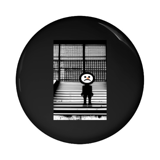 Sad Snowman in Pin Buttons Standing on the Steps Street