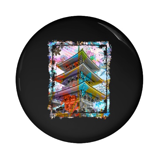 Japan Pagoda Cherry Blossoms Collage Art 70 Pin Buttons