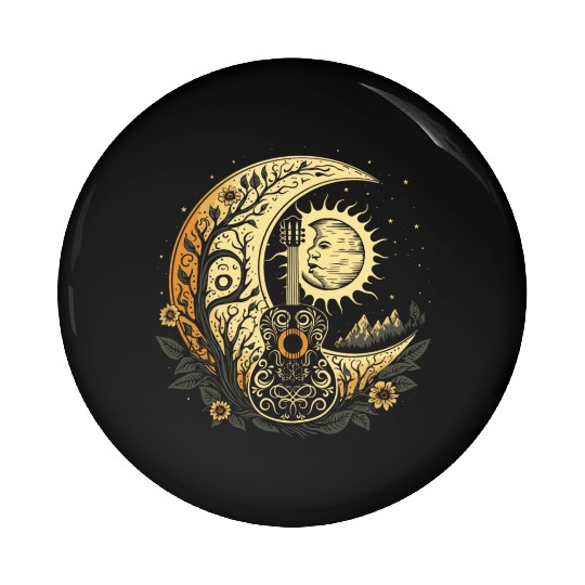 Cottagecore Acoustic Guitar With Moon, Sun, Stars Pin Buttons