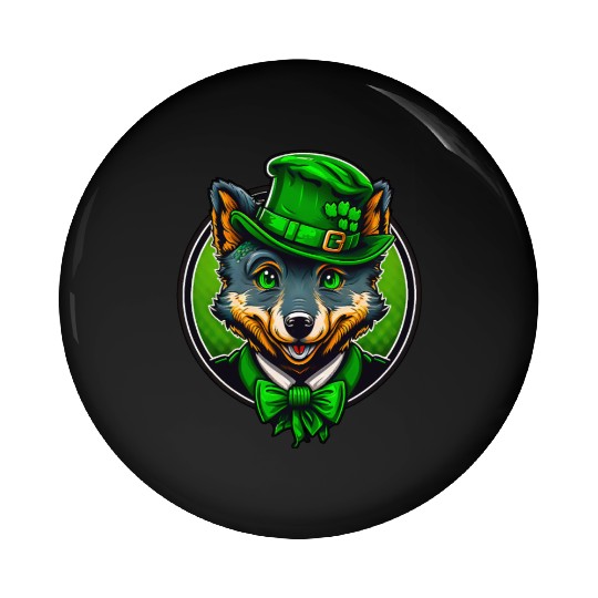 Cute Wolf St. Patrick's Day Hat With Green Eyes Pin Buttons