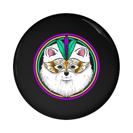 Pomeranian Or Samoyed Dog With Mask For Mardi Gras Pin Buttons