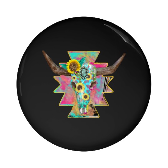 Colorful Floral Bull Skull Pin Buttons