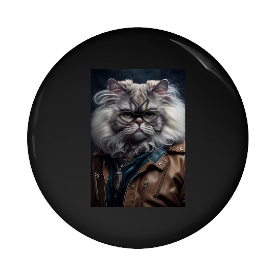 Persian Cat Breed Portrait wears a leather jacket Pin Buttons