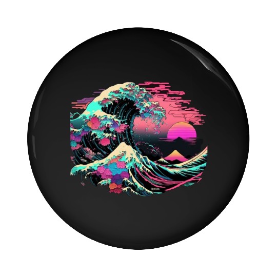 Vaperwave Aesthetic Glitch Great Wave Retrowave Sy Pin Buttons