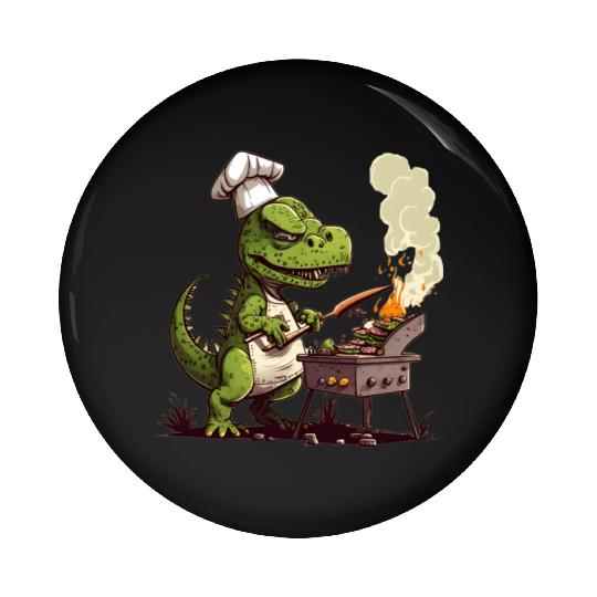 Baby Dinosaur Using A Charcoal Grill Cooking Meat Pin Buttons