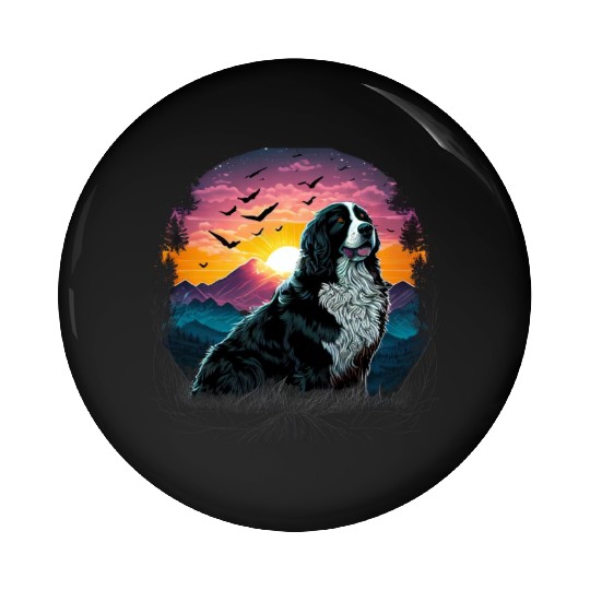 Bernese Mountain Dog with Mountain Sunrise view Pin Buttons