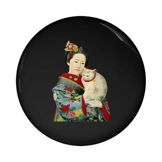 Geisha Cat Kimono Japanese Vintage Art Pin Buttons