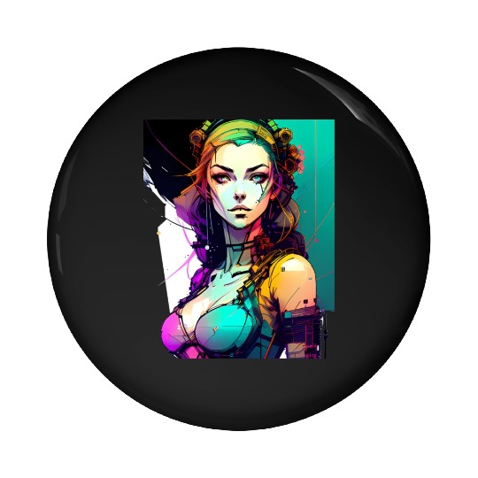 Technicolor Dreams Cyberpunk Girl in Vibrant Hues Pin Buttons