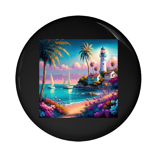 Colorful Tropical Island Beach Sunset Lighthouse Pin Buttons