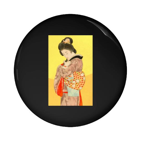 Geisha in Kimono with Cat Retro art Pin Buttons