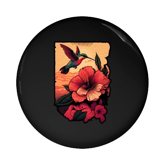 Hummingbird flies over hibiscus flower Tropical Pin Buttons