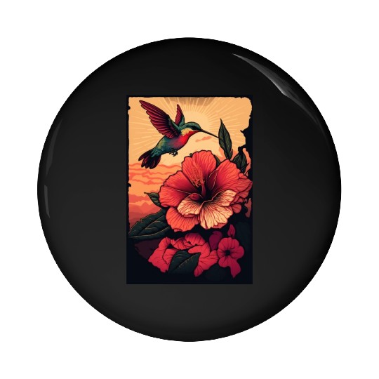 Hummingbird flies over hibiscus flower Tropical Pin Buttons
