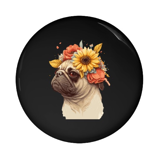 Cute Pug Flower Crown Pet Dog Breed Floral Puppy Pin Buttons