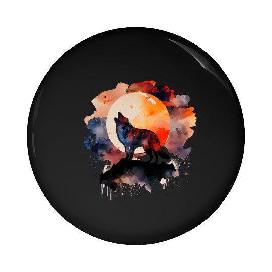 Wolf Howling at Moon Watercolor Pin Buttons