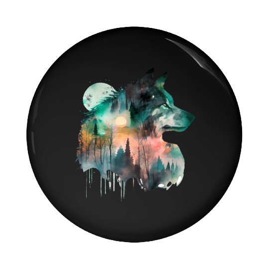 Forest Wolf Watercolor Portrait Pin Buttons