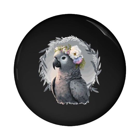 Artistic African Gray Parrot Bird Flower Crown Pet Pin Buttons