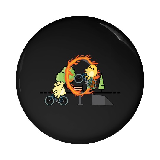 Cute popcorn doing stunts with bicycle Pin Buttons