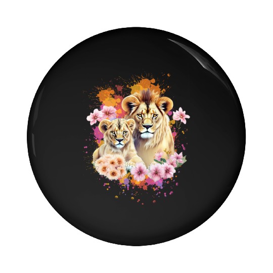 Lion Mom & Son Cubs with Flower Watercolor Pin Buttons