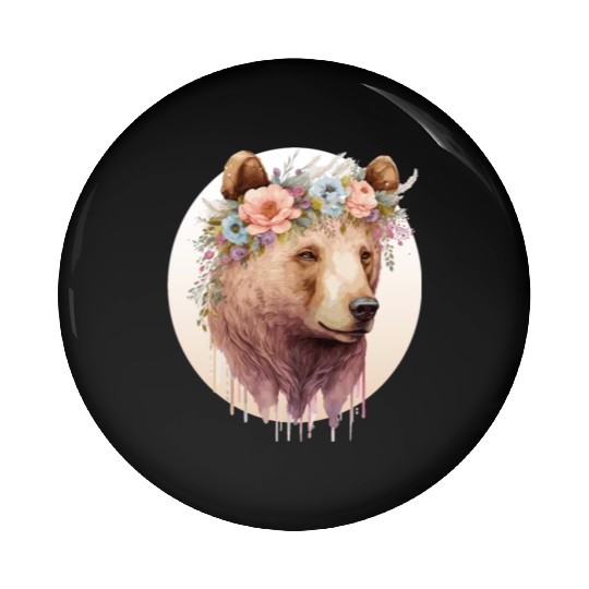 Watercolor Brown Bear Grizzly Flower Crown Wild An Pin Buttons
