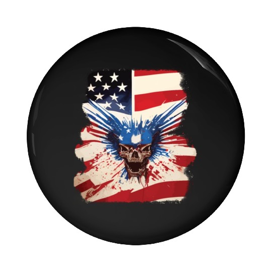 Angry Skull Bursting Through US Flag Pin Buttons