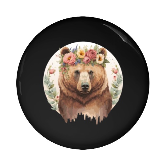 Cute Brown Bear Grizzly Flower Crown Animal Lovers Pin Buttons