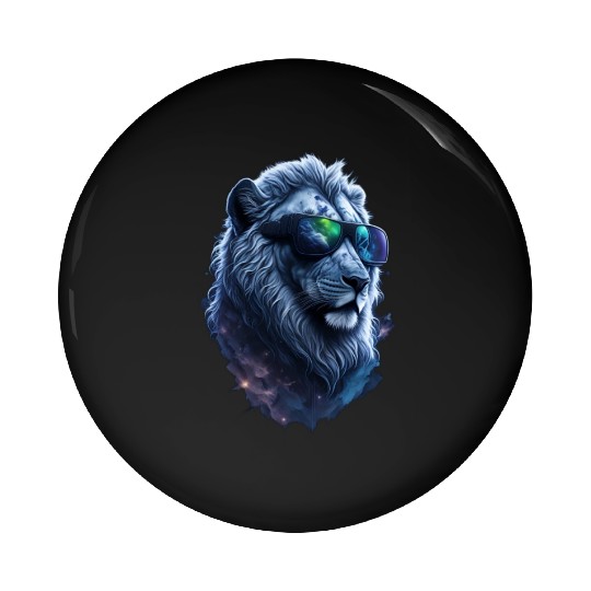Silver Lion in Space: The Coolest Cat with Shades Pin Buttons
