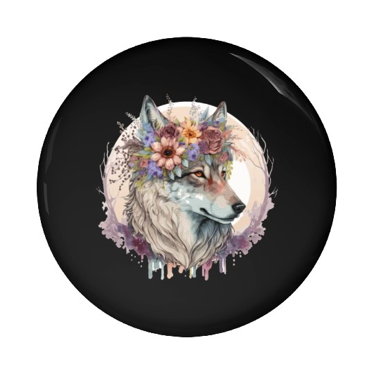 Cute Wolf Flower Crown Boho Aesthetic Animal Lover Pin Buttons