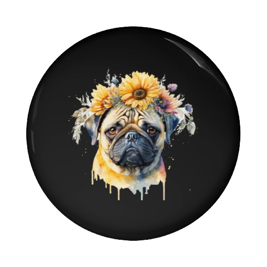 Cute Pug Sunflower Dog Breed Pet Puppy Pin Buttons