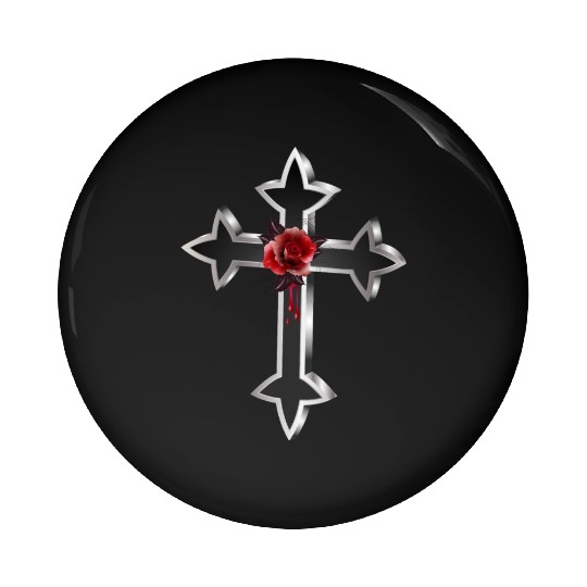 black silver colored gothic cross with red rose Pin Buttons