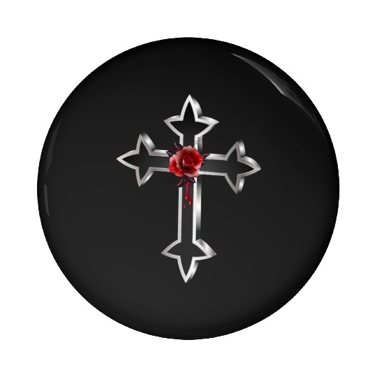 black silver colored gothic cross with red rose Pin Buttons