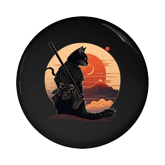 Vintage Japanese Sunset Style And Samurai Cat Kitt Pin Buttons