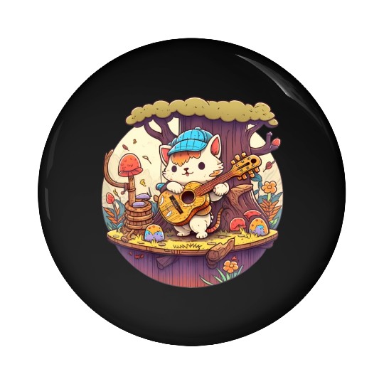 Cute Kawaii Cat Playing Guitar Banjo On Log Pin Buttons
