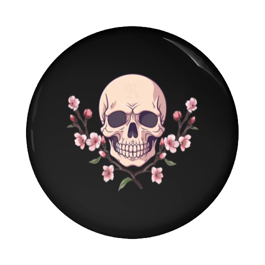 Anime style Skull with cherry blossom branches Pin Buttons
