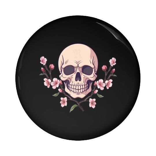 Anime style Skull with cherry blossom branches Pin Buttons