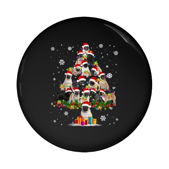Pug Dog Tree In Snow Santa Pin Buttons
