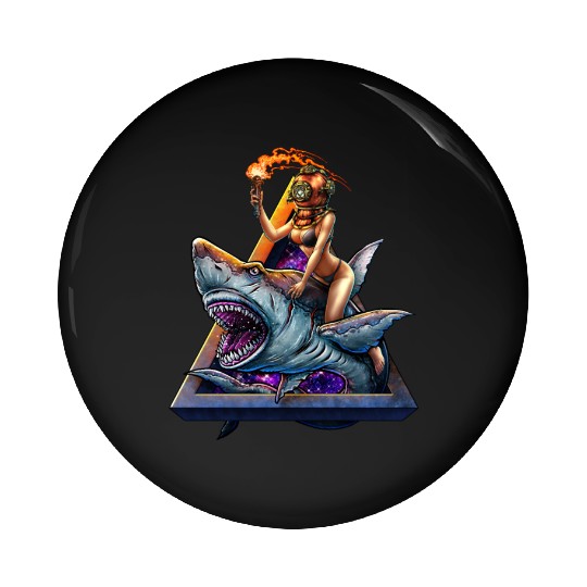 Diver girl retro and angry shark #2 Pin Buttons