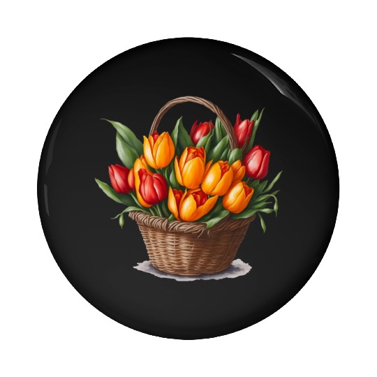 A bouquet of tulips in a basket. Pin Buttons
