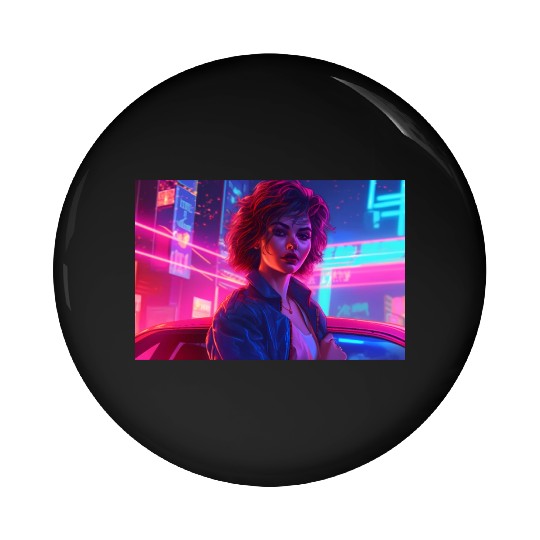 Synthwave Girl - Anime Portrait in Neon Colors Pin Buttons