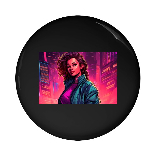 Girl in front of a Neon Pink Cityscape Pin Buttons