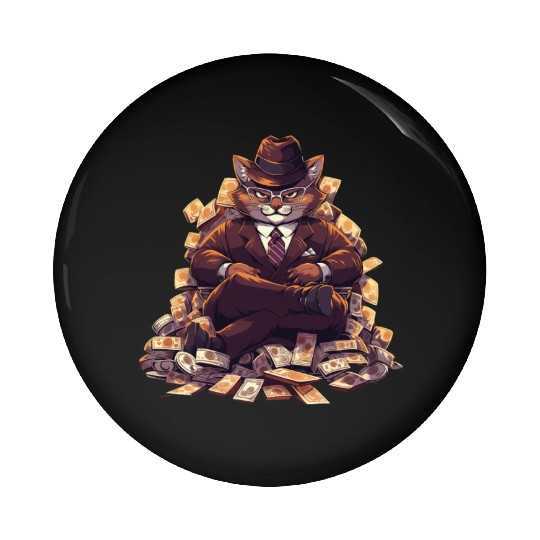 Gangster Cat Dressed In A Stylish Suit And Cash Pin Buttons