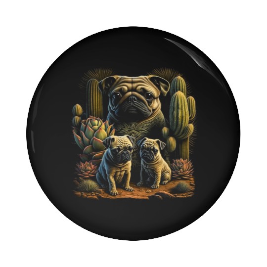 Paws in the Sands: A Charming Pug Family in the De Pin Buttons