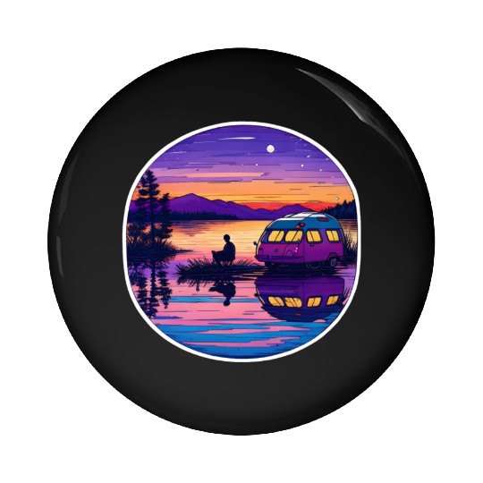 A Camper Enjoying A Peaceful Lakeside Pin Buttons