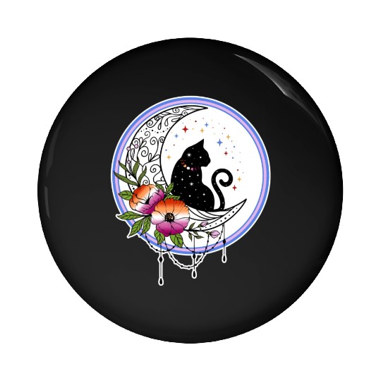 Galaxy Cat and Flowers in Lesbian Flag Colors Pin Buttons