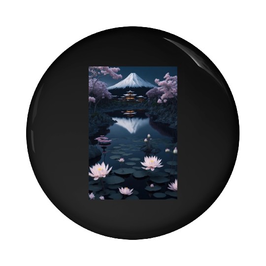 Asia Landscape by night Serene Mount Fuji Pin Buttons