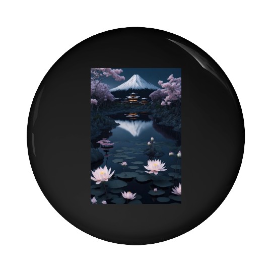 Asia Landscape by night Serene Mount Fuji Pin Buttons